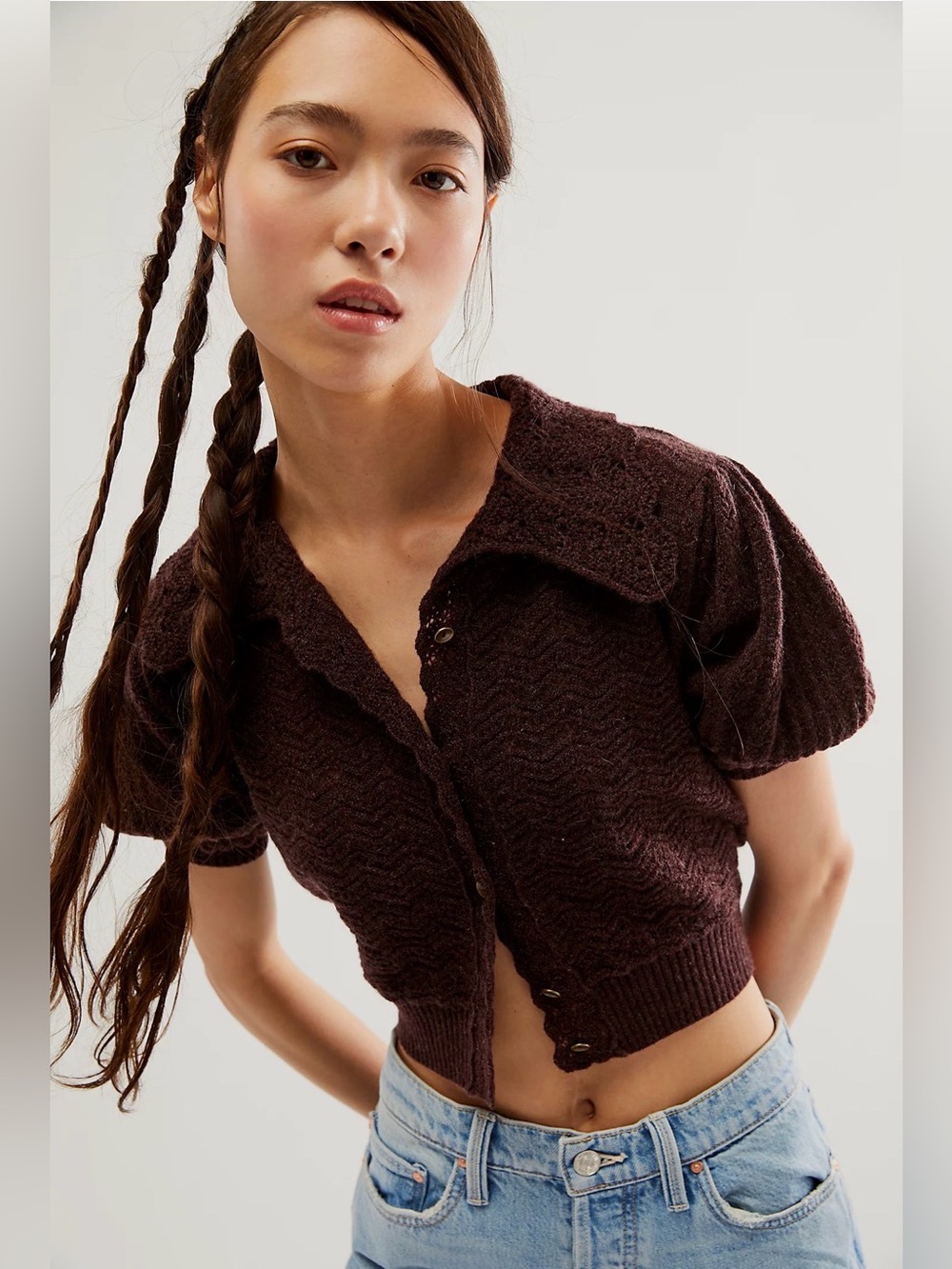 FREE PEOPLE Edie Cashmere Crop Cardigan Pleat Puff Sleeves Fudge S MSRP $228 NWT